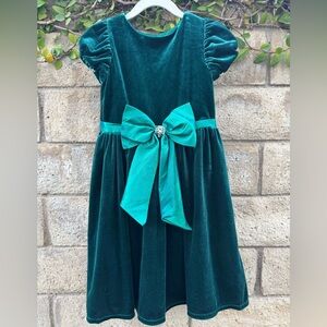 Vintage Rare Editions Teal Velvet Kids Dress with Bow
